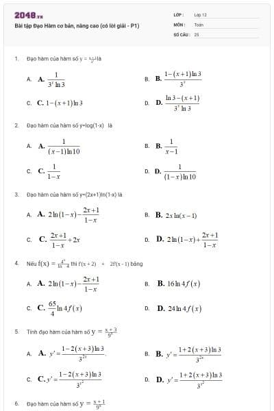 Bài tập Đạo Hàm cơ bản, nâng cao (có lời giải - P1)