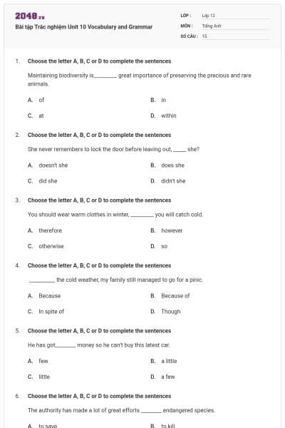 Bài tập Trắc nghiệm Unit 10 Vocabulary and Grammar