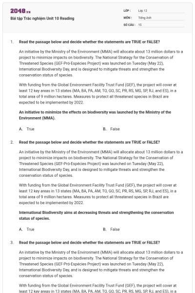 Bài tập Trắc nghiệm Unit 10 Reading