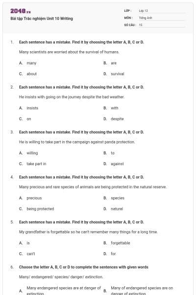 Bài tập Trắc nghiệm Unit 10 Writing