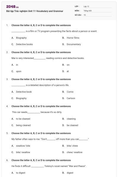 Bài tập Trắc nghiệm Unit 11 Vocabulary and Grammar