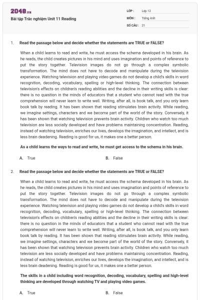 Bài tập Trắc nghiệm Unit 11 Reading