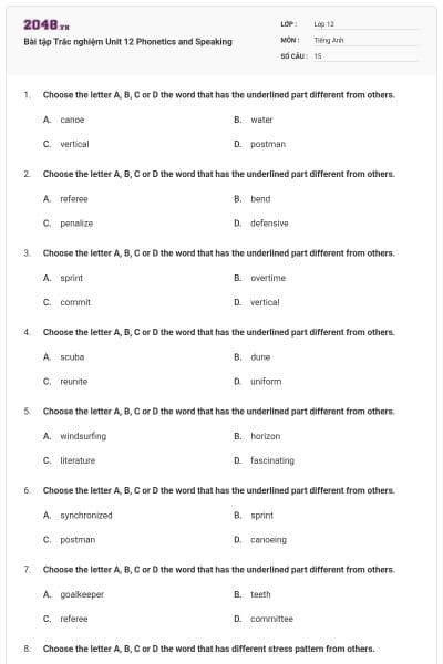 Bài tập Trắc nghiệm Unit 12 Phonetics and Speaking