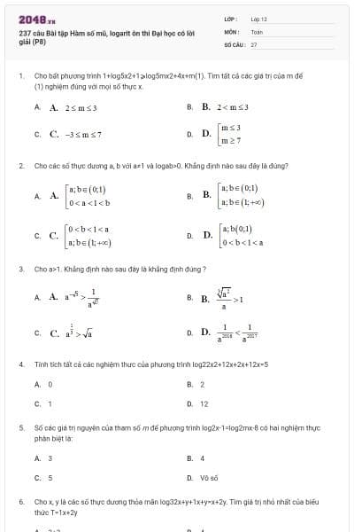 237 câu  Bài tập Hàm số mũ, logarit ôn thi Đại học có lời giải (P8)