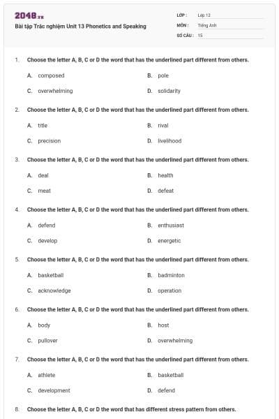 Bài tập Trắc nghiệm Unit 13 Phonetics and Speaking