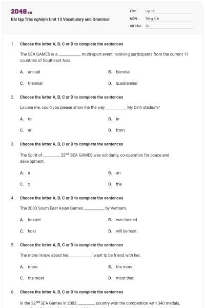 Bài tập Trắc nghiệm Unit 13 Vocabulary and Grammar
