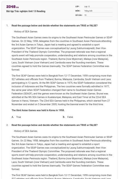 Bài tập Trắc nghiệm Unit 13 Reading