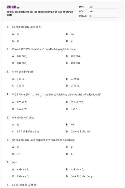 10 câu Trắc nghiệm Bài tập cuối chương 2 có đáp án (Nhận biết)