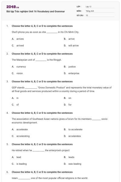 Bài tập Trắc nghiệm Unit 16 Vocabulary and Grammar