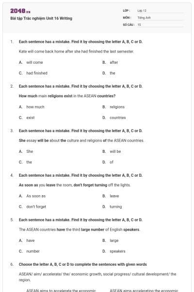 Bài tập Trắc nghiệm Unit 16 Writing