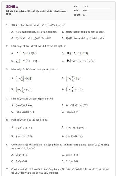 50 câu trắc nghiệm Hàm số bậc nhất và bậc hai nâng cao (P1)