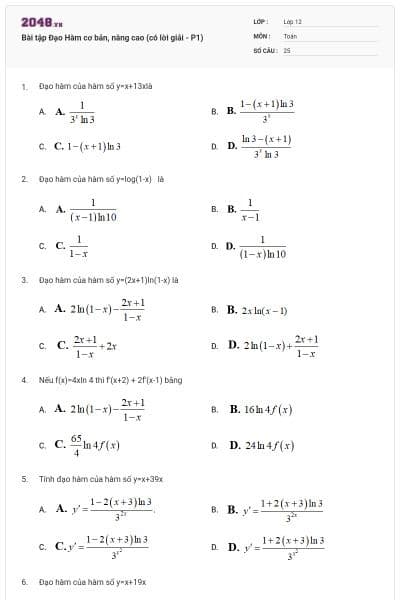 Bài tập Đạo Hàm cơ bản, nâng cao (có lời giải - P1)