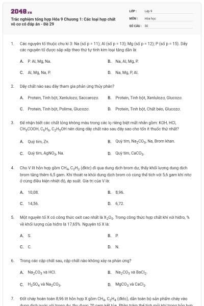 Trắc nghiệm tổng hợp Hóa 9 Chương 1: Các loại hợp chất vô cơ có đáp án - Đề 29