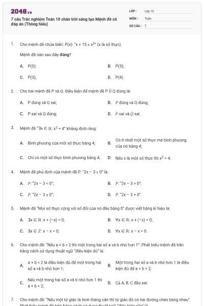 7 câu Trắc nghiệm Toán 10 chân trời sáng tạo Mệnh đề có đáp án (Thông hiểu)