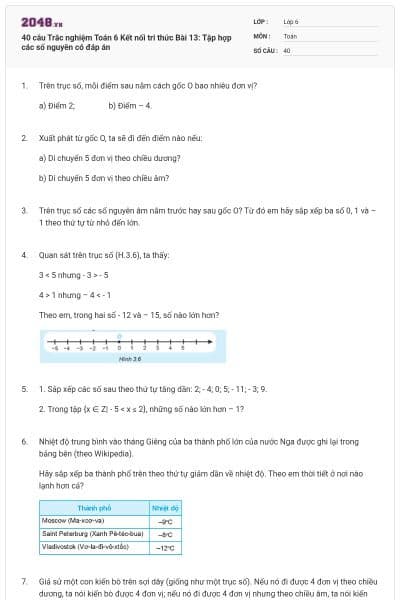 40 câu Trắc nghiệm Toán 6 Kết nối tri thức Bài 13: Tập hợp các số nguyên có đáp án