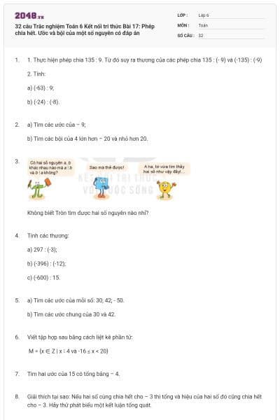 32 câu Trắc nghiệm Toán 6 Kết nối tri thức Bài 17: Phép chia hết. Ước và bội của một số nguyên có đáp án