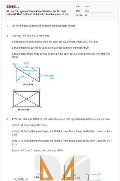 41 câu Trắc nghiệm Toán 6 Kết nối tri thức Bài 19: Hình chữ nhật. Hình thoi hình bình hành. Hình thang cân có đáp án