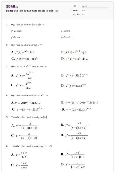 Bài tập Đạo Hàm cơ bản, nâng cao (có lời giải - P2)