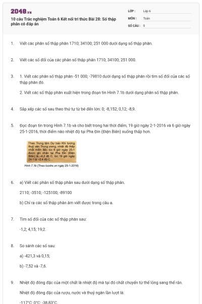 10 câu Trắc nghiệm Toán 6 Kết nối tri thức Bài 28: Số thập phân có đáp án