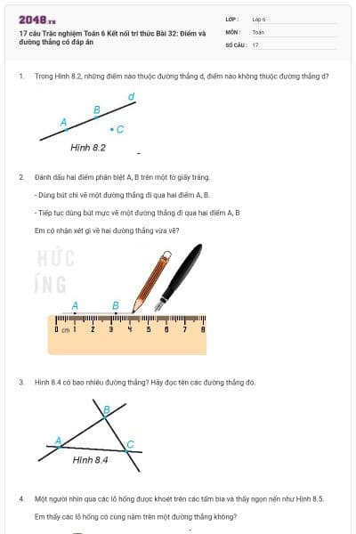 17 câu Trắc nghiệm Toán 6 Kết nối tri thức Bài 32: Điểm và đường thẳng có đáp án