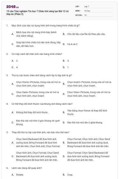 15 câu Trắc nghiệm Tin học 7 Chân trời sáng tạo Bài 12 có đáp án (Phần 2)