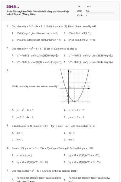8 câu Trắc nghiệm Toán 10 chân trời sáng tạo Hàm số bậc hai có đáp án (Thông hiểu)