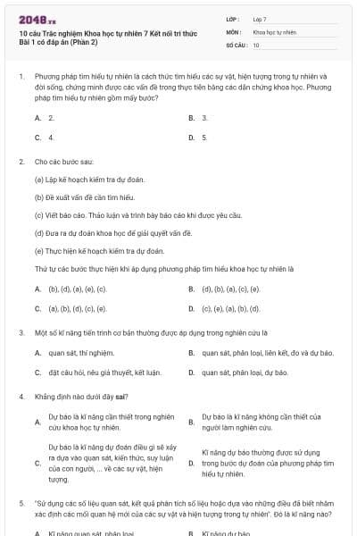 10 câu Trắc nghiệm Khoa học tự nhiên 7 Kết nối tri thức Bài 1 có đáp án (Phần 2)