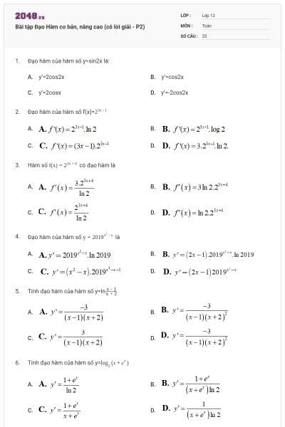 Bài tập Đạo Hàm cơ bản, nâng cao (có lời giải - P2)