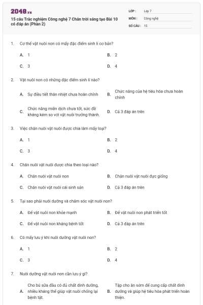 15 câu Trắc nghiệm Công nghệ 7 Chân trời sáng tạo Bài 10 có đáp án (Phần 2)