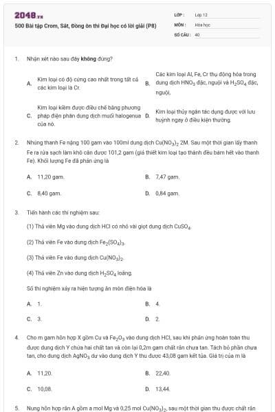 500 Bài tập Crom, Sắt, Đồng ôn thi Đại học có lời giải (P8)