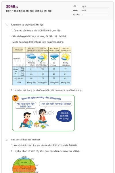 Bài 17: Thời tiết và khí hậu. Biến đổi khí hậu