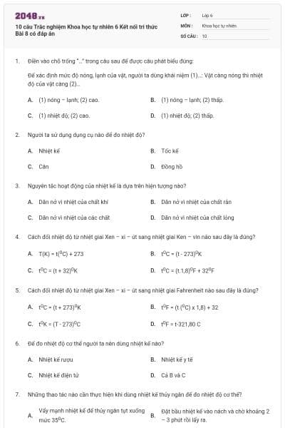 10 câu Trắc nghiệm Khoa học tự nhiên 6 Kết nối tri thức Bài 8 có đáp án