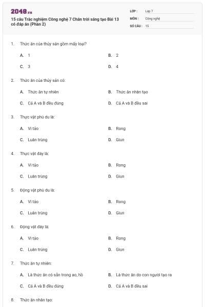 15 câu Trắc nghiệm Công nghệ 7 Chân trời sáng tạo Bài 13 có đáp án (Phần 2)