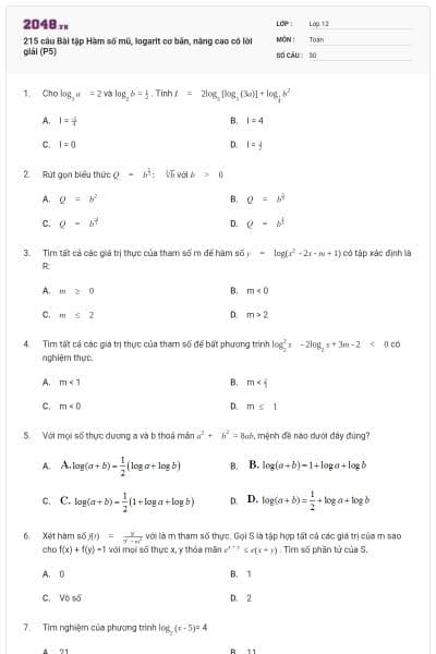 215 câu Bài tập Hàm số mũ, logarit cơ bản, nâng cao có lời giải (P5)