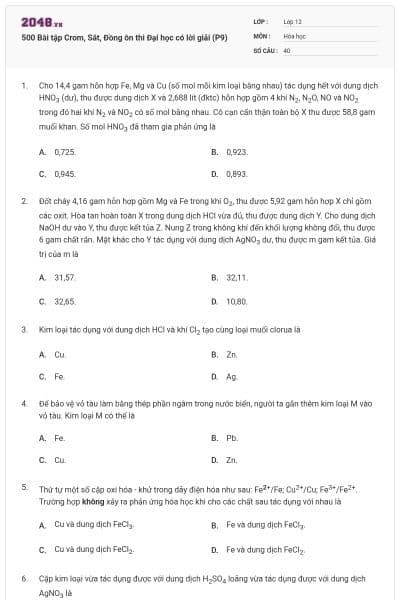 500 Bài tập Crom, Sắt, Đồng ôn thi Đại học có lời giải (P9)