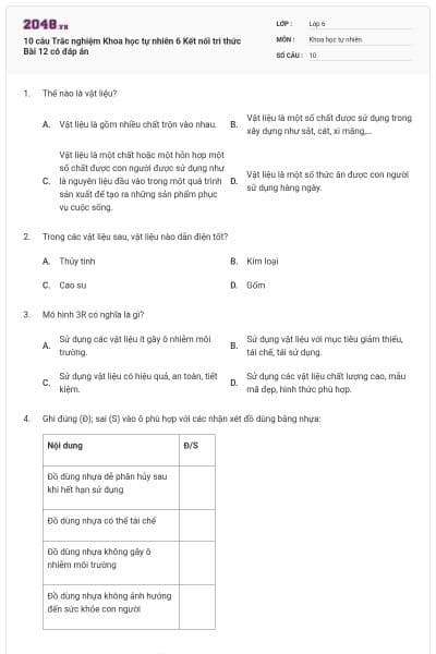 10 câu Trắc nghiệm Khoa học tự nhiên 6 Kết nối tri thức Bài 12 có đáp án