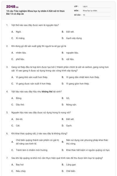 10 câu Trắc nghiệm Khoa học tự nhiên 6 Kết nối tri thức Bài 13 có đáp án