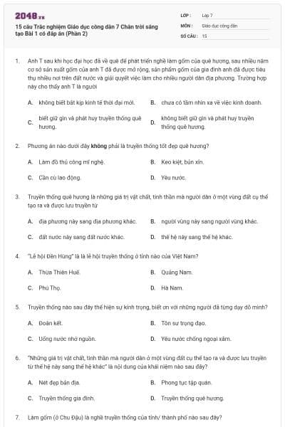 15 câu Trắc nghiệm Giáo dục công dân 7 Chân trời sáng tạo Bài 1 có đáp án (Phần 2)