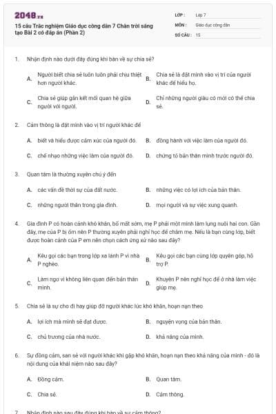 15 câu Trắc nghiệm Giáo dục công dân 7 Chân trời sáng tạo Bài 2 có đáp án (Phần 2)