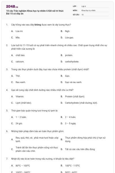 10 câu Trắc nghiệm Khoa học tự nhiên 6 Kết nối tri thức Bài 15 có đáp án