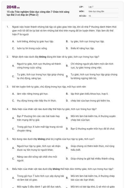 15 câu Trắc nghiệm Giáo dục công dân 7 Chân trời sáng tạo Bài 3 có đáp án (Phần 2)