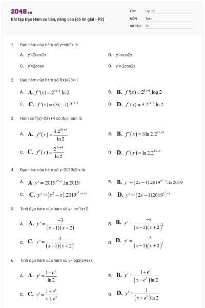 Bài tập Đạo Hàm cơ bản, nâng cao (có lời giải - P2)