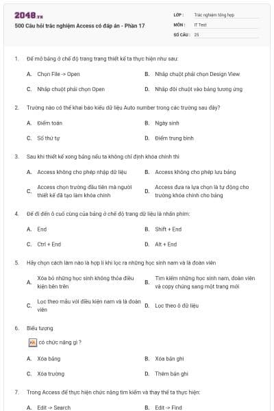 500 Câu hỏi trắc nghiệm Access có đáp án - Phần 17