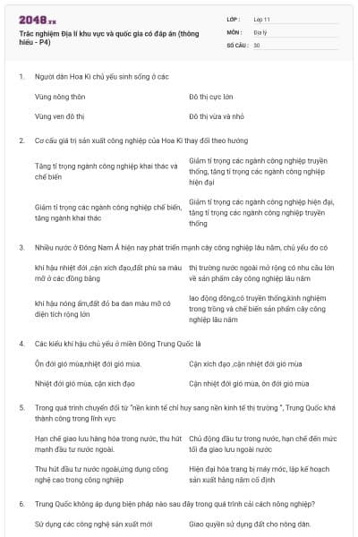 Trắc nghiệm Địa lí khu vực và quốc gia có đáp án (thông hiểu - P4)