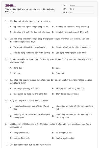 Trắc nghiệm Địa lí khu vực và quốc gia có đáp án (thông hiểu - P2)