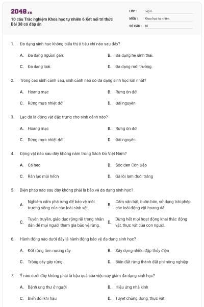 10 câu Trắc nghiệm Khoa học tự nhiên 6 Kết nối tri thức Bài 38 có đáp án