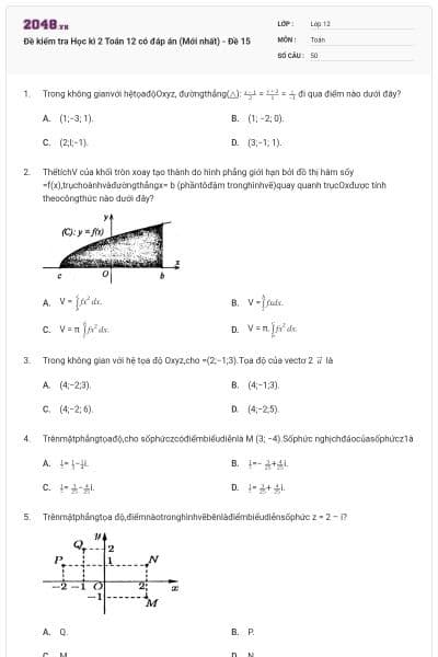 Đề kiểm tra Học kì 2 Toán 12 có đáp án (Mới nhất) - Đề 15