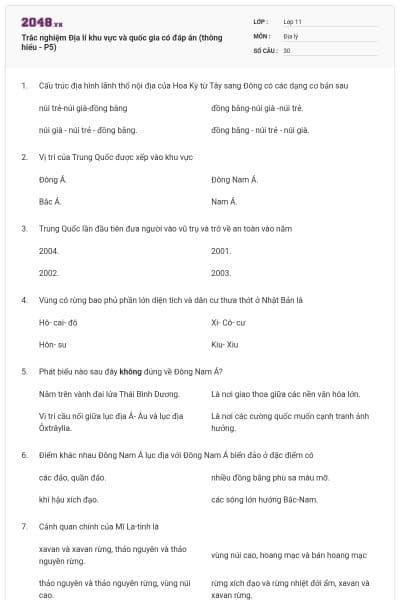 Trắc nghiệm Địa lí khu vực và quốc gia có đáp án (thông hiểu - P5)