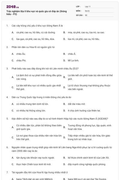 Trắc nghiệm Địa lí khu vực và quốc gia có đáp án (thông hiểu - P3)