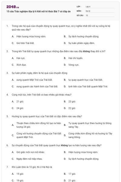 15 câu Trắc nghiệm Địa lý 6 Kết nối tri thức Bài 7 có đáp án